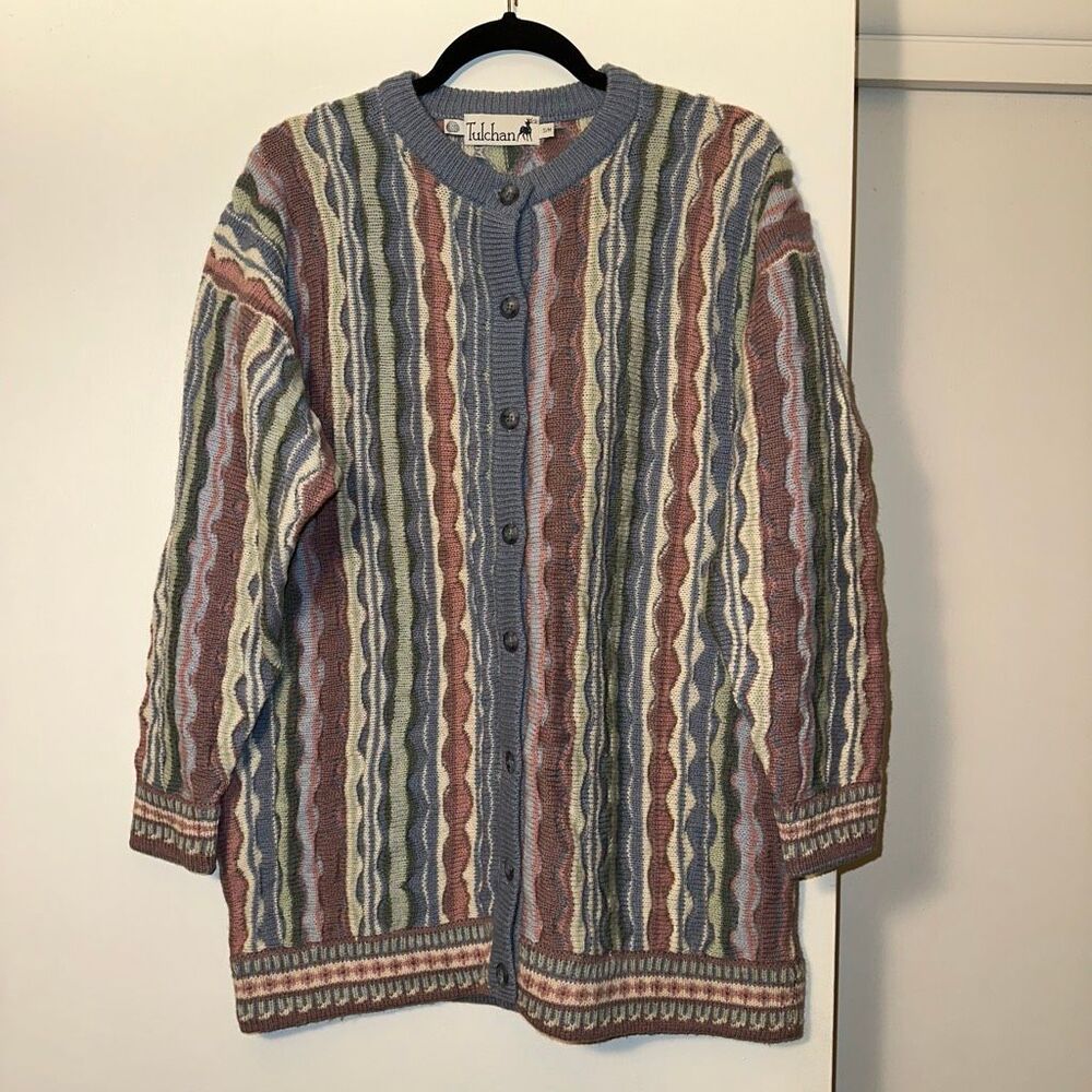 Tulchan Women’s S/M Wool Cardigan Sweater Blue Pink Green Abstract Stripe FLAW